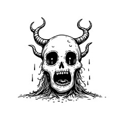 Horrific skeletal apparition with eerie horns and cascading tears of darkness in monochrome