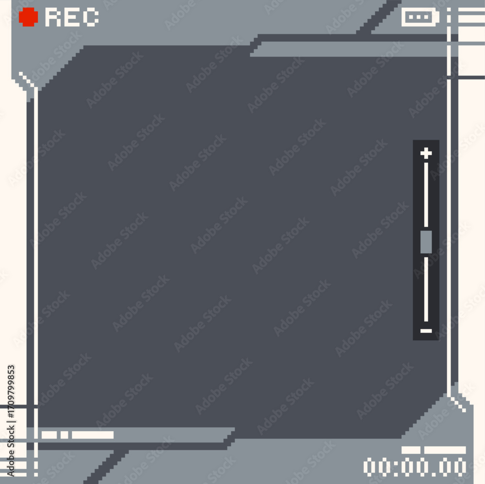 Poster greyscale futuristic camera interface frame in cockpit style background with zoom indicators, pixel 