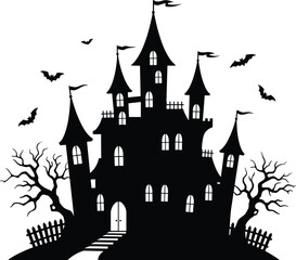Haunted castle silhouette with spooky trees, flying bats, and eerie night vibes perfect for Halloween horror and scary design projects.