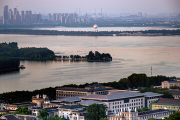 Scenic Aerial View of East Lake in Wuhan, China at Sunset