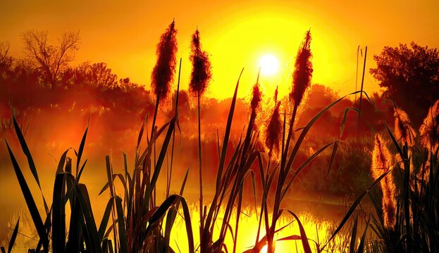 Sunrise over a misty wetland, with tall grasses and reeds silhouetted against the vibrant orange and yellow sky