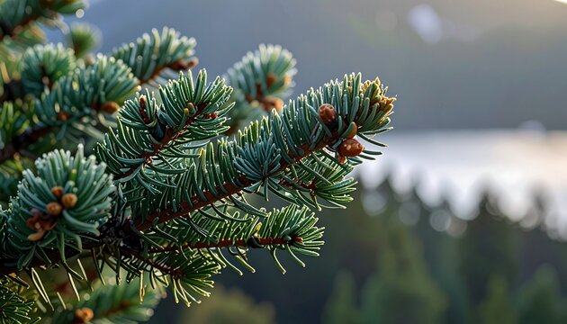 Close-up of a pine branch in sunlight - Powered by Adobe
