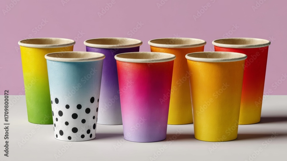 Poster a row of colorful cups with a polka dot design. the cups are arranged in a row and are of different 