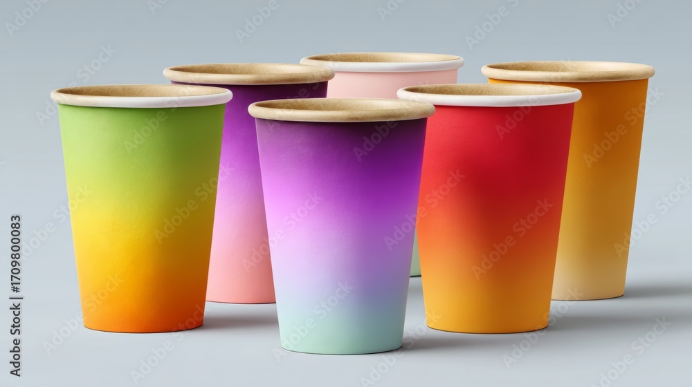 Poster A row of colorful cups with a rainbow design. The cups are arranged in a row, with the first cup on the left and the last cup on the right. The cups are all different colors, creating a vibrant