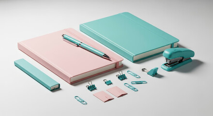 Pastel Stationery Flat Lay Featuring Pink Notebook and Blue Accents on White Background