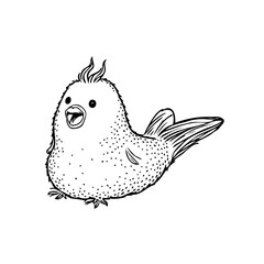 Illustration of a plump chick with raised feathers and open beak in black and white line art simple
