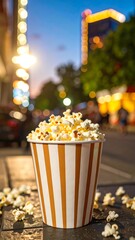 Popcorn in a paper cup outside at twilight