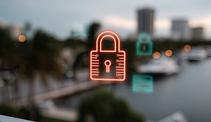 Abstract graphic of a red-outlined padlock against a blurred cityscape, marina, and trees. Digital security concept