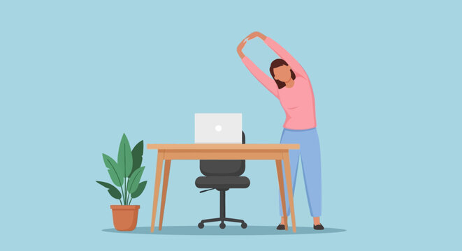 Woman taking a wellness break by stretching at her desk to relieve stress and improve posture during remote work