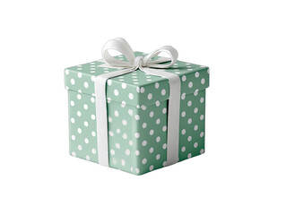 Mint green gift box with white polka dots and ribbon