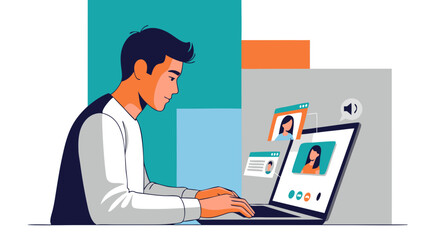 Engaging in Remote Work A Young Man on a Video Call Using His Laptop, Against a Geometric Background