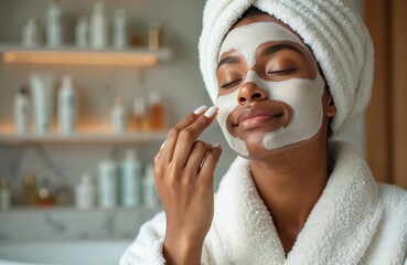 Young African American woman with clay mask on face, wrapped in towel, applies cosmetic product. She wears plush bathrobe in luxury marble bathroom. Skincare routine, selfcare, beauty and relaxation.