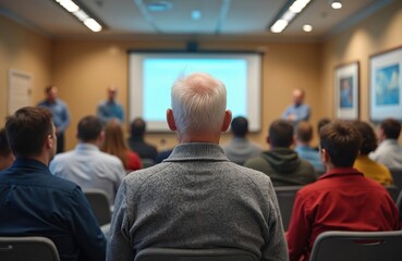 Obraz premium Group of adults attentive in seminar hall. Professionals listen during educational presentation on screen. Soft lighting, neutral colors create focused atmosphere for learning, cognition, development.