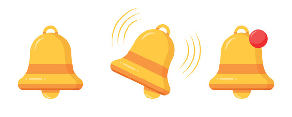 Notification Bell Icons Set with Alert. Vector illustration of three yellow bell icons representing notifications, including standard, ringing, and alert with red badge