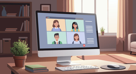 Fototapeta premium Connecting with colleagues through a video call in a cozy home office setup, illustrating the concept of remote work