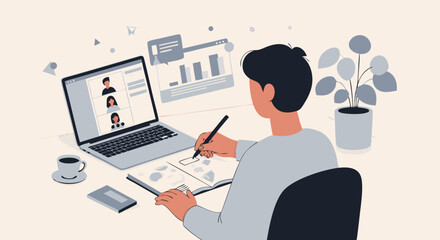 A young professional engaged in remote work, participating in an online business meeting and sketching at his home office desk