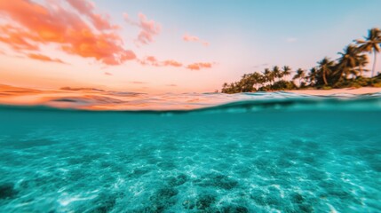 Obraz premium Breathtaking split view of a tropical lagoon at sunset, showcasing the vibrant coral reef beneath the surface and a picturesque island in the background