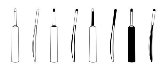 Simple, black and white vector graphic showcasing various cricket bat designs.