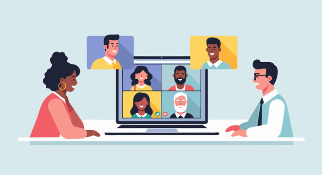 Dynamic virtual meeting connecting diverse professionals for efficient online collaboration and successful remote work initiatives from any location