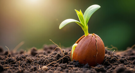 A tiny seedling emerges from its protective shell bathed in warm sunlight symbolizing new life and growth in fertile soil