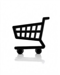 shopping cart icon floating in minimalist flat design style, white clean background, copyspace