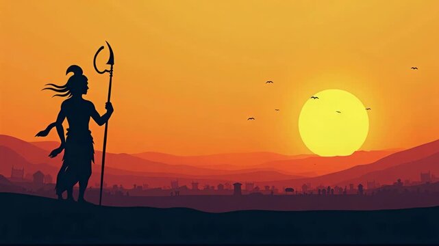  lord rama silhouette for ram navami celebration. Silhouette of an ancient warrior holding a spear, standing against a dramatic sunset with mountains, birds, and a distant city in the background.