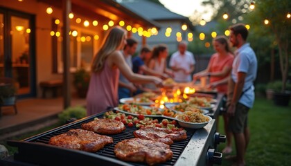 Backyard barbecue party with friends, family enjoying grilled food at dusk. Festive string lights illuminate summer evening gathering. People socialize around grill, sharing meals, conversation in