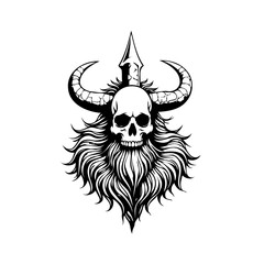 Intricate monochrome skull artwork embodying mystic design with prominent horns and stylized beard