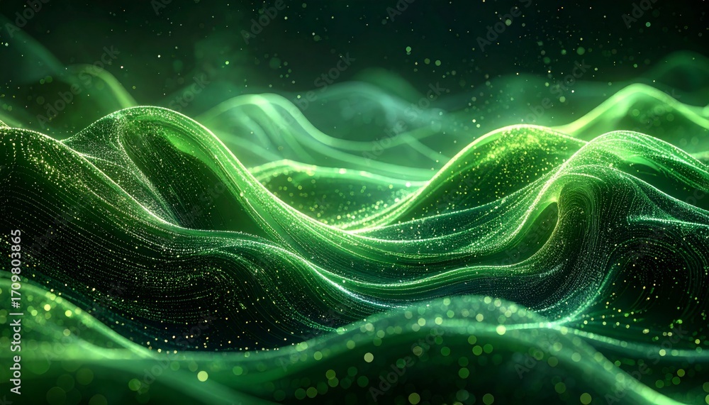 Poster dynamic fractal waves of glowing blue light swirl in a flowing 3d motion on a dark space backdrop