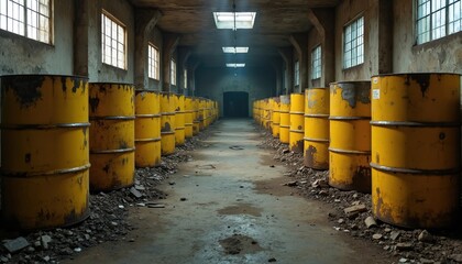 Industrial underground storage holds rows of yellow metal barrels. Containers likely store chemicals hazardous nuclear waste. Old, rust-eaten steel drums fill dim, concrete facility. Windows,