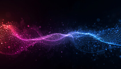 Abstract glowing wave of pink and blue particles flowing across a dark background with subtle light effects