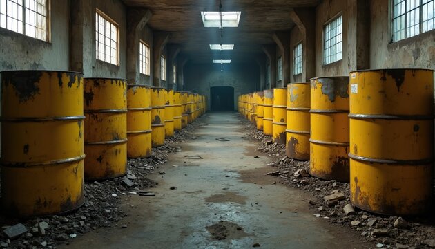 Industrial underground storage holds rows of yellow metal barrels. Containers likely store chemicals hazardous nuclear waste. Old, rust-eaten steel drums fill dim, concrete facility. Windows,