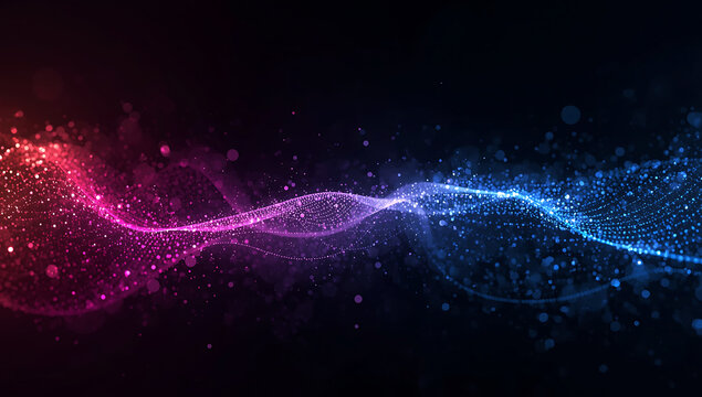Abstract glowing wave of pink and blue particles flowing across a dark background with subtle light effects