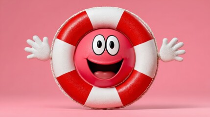 A cartoon face with a red and white life preserver on its head. The cartoon face is smiling and he is happy