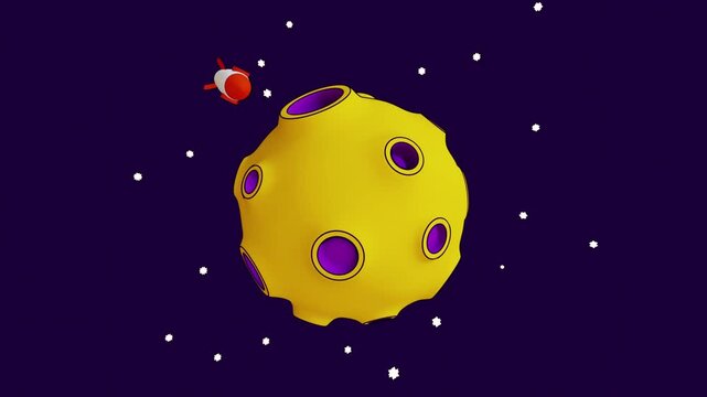 Rocket ship flying in orbit around a cratered yellow asteroid or moon against a starry space background. Loopable cartoon style animation