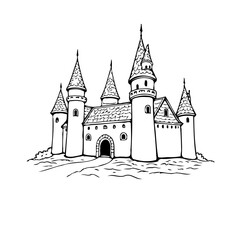 Magical kingdom fortress sketched in black and white showcases intricate tower design and