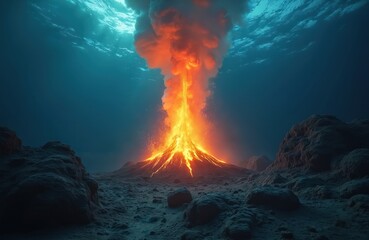Deep sea underwater volcano erupts, shooting bright orange flames, smoke from ocean floor. Glowing lava flows down volcanic mountain. Geothermal activity creates powerful, dangerous spectacle in dark