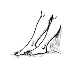 Minimalist anatomical sketch depicting slender legs and feet resting against a solid plane
