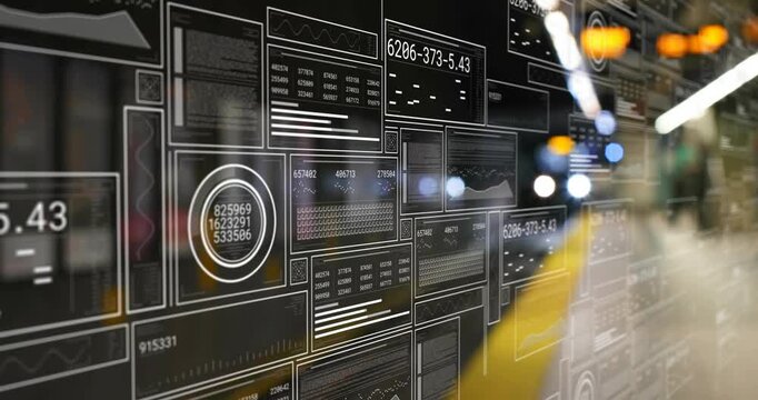 Starting subway grid panels filling IDs, gauge updating, panels fading revealing scene for insight