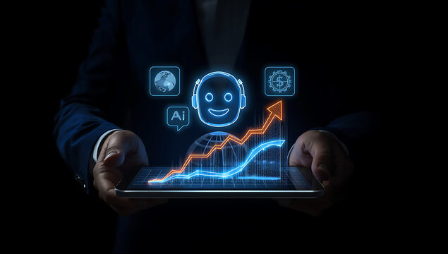 Person holding a tablet displaying a glowing futuristic holographic interface with stock market data and positive emotions - Powered by Adobe