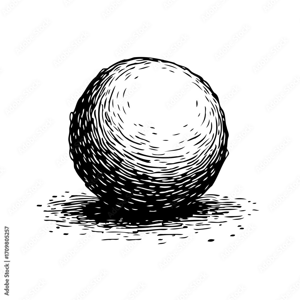 Poster monochromatic drawing of a spherical object with light and shadow in detailed linework and