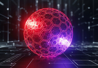 Futuristic hexagonal sphere glowing with red and purple light on a digital circuit board background