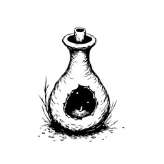 Monochromatic enigmatic vessel illustration with abstract botanical accents a still life