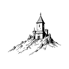 Monochromatic hilltop sanctuary artistic sketch of a secluded tower residence on a rugged peak © LgsDesign