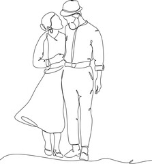 Elderly couple in continuous line art drawing style. Senior man and woman walking together holding hands. Minimalist black linear sketch isolated on white background. Vector illustration