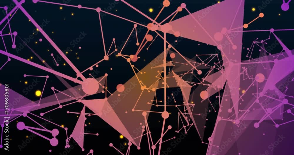 Aufkleber specks revealing node connections and unfolding triangles rotating in navy void condensing network