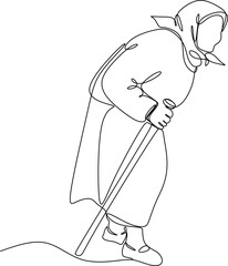 Elderly woman in continuous line art drawing style. Minimalist black line sketch isolated on white background. Vector illustration.