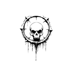 Monochromatic skull emblem with a weathered spiked circle border conveying symbolic concepts of