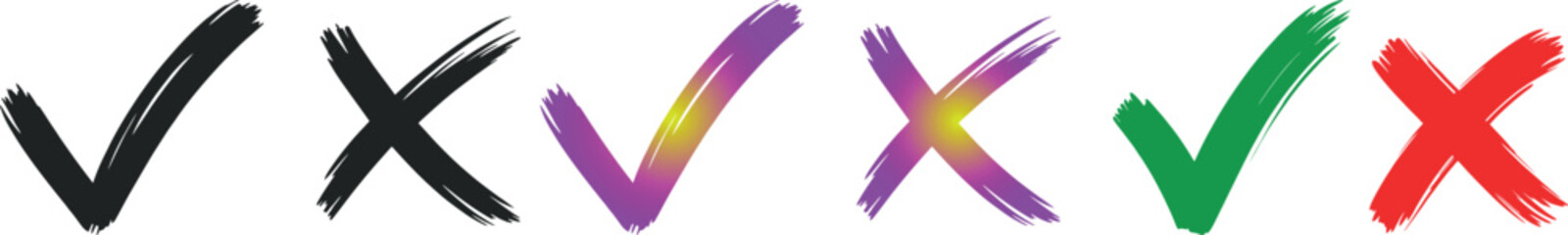 Collection of check and cross marks in various colors on white