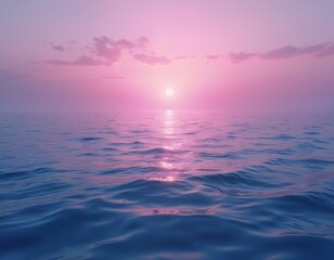 Fototapeta premium Pink sunrise over calm blue ocean waves. Surreal seascape with rippled water surface reflecting morning light. Magical fantasy landscape, peaceful dawn over serene sea.